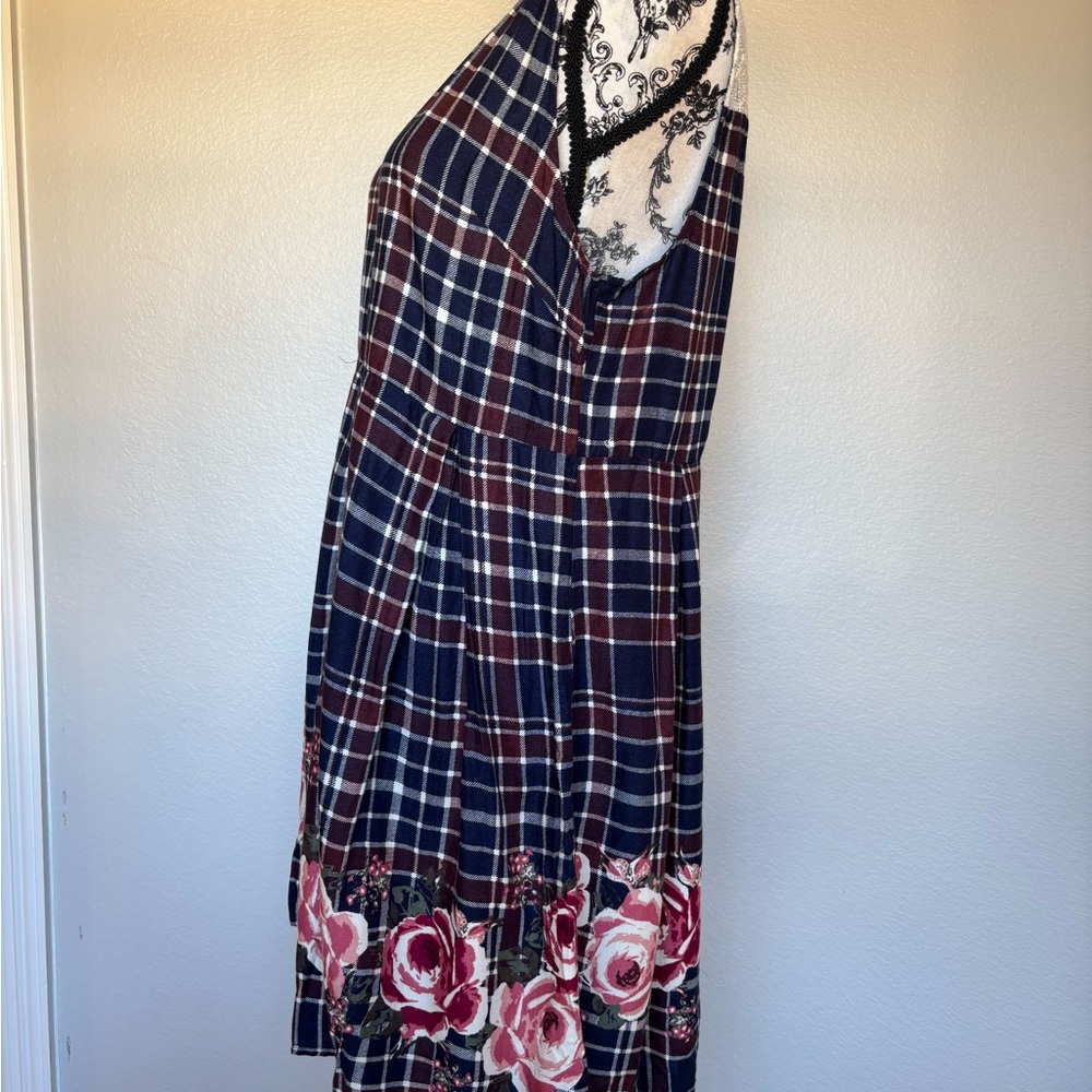 Xhilaration Navy Plaid Midi Dress with Pink Floral Design - Picture 12 of 14